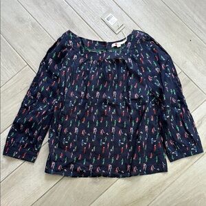 Boden Dark Blue Top with Colorful Figures buttons on the back